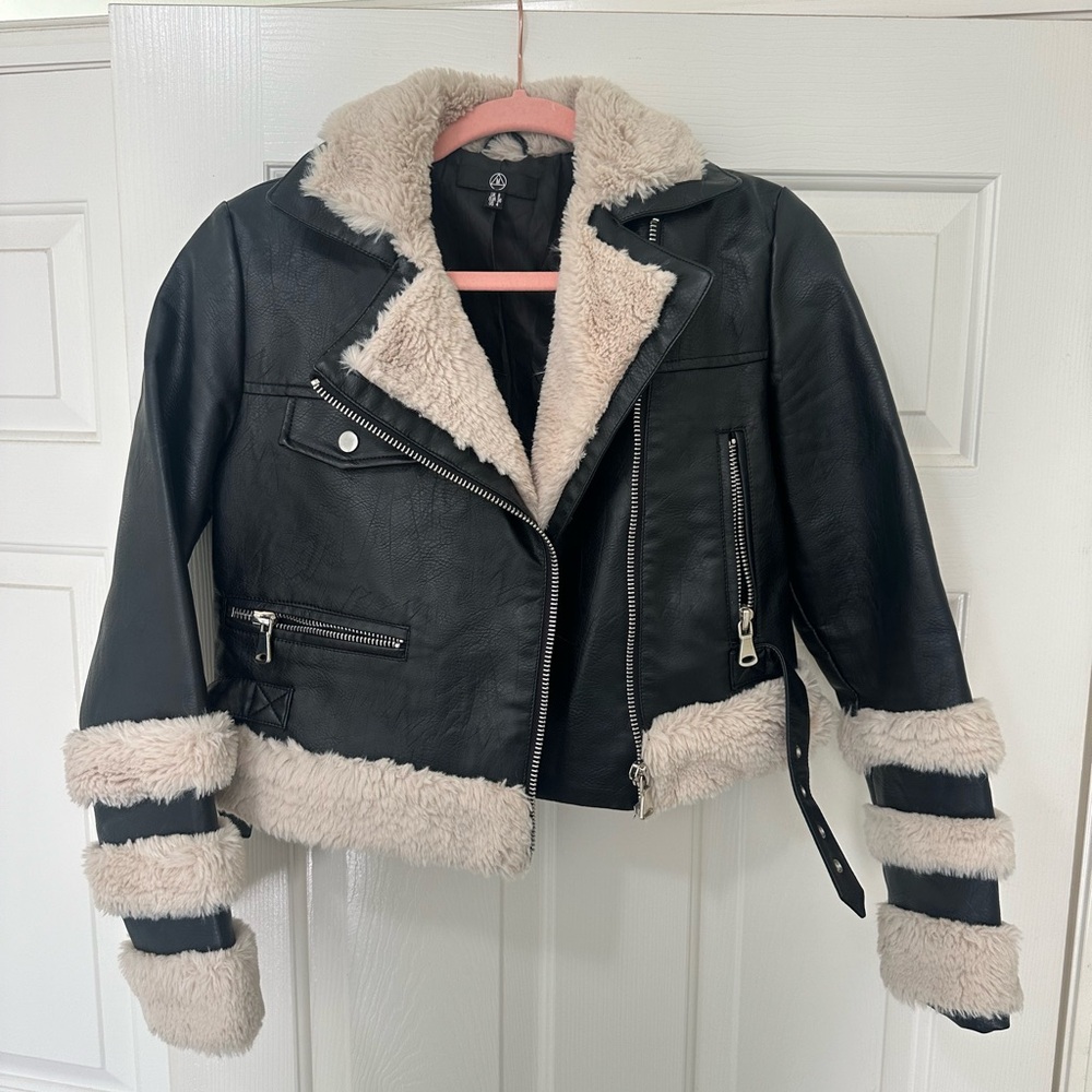 Black Faux Leather and Shearling Moto Jacket